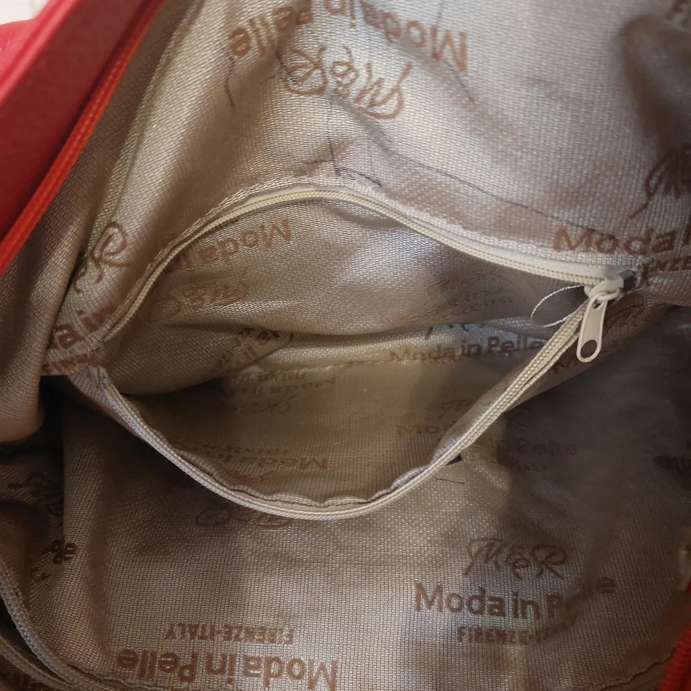 M&R Moda In Pelle Firenze Italy Red Peebled Genuine Leather Hobo Tote Bag - Picture 13 of 14